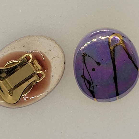 Earrings Purple with Gold Splats Oval Clip on E_OT0016. - Picture 2 of 2